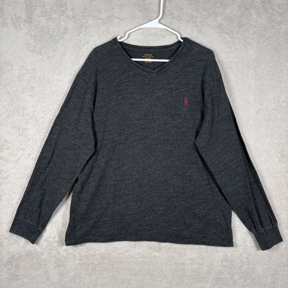 Polo Ralph Lauren V-Neck T-Shirt Mens XL Gray Long Sleeve Soft Cotton Pony Logo